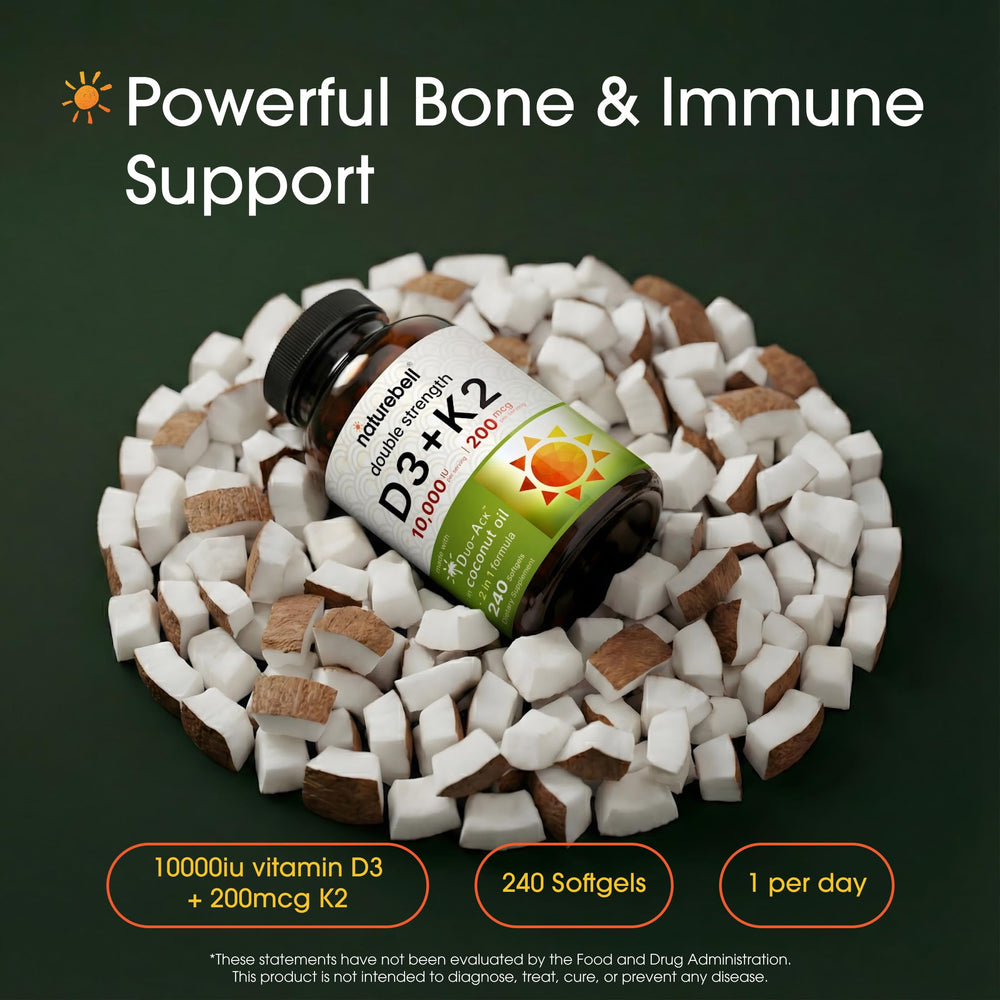 NatureBell D3 + K2 coconut oil infusion shown for better absorption.