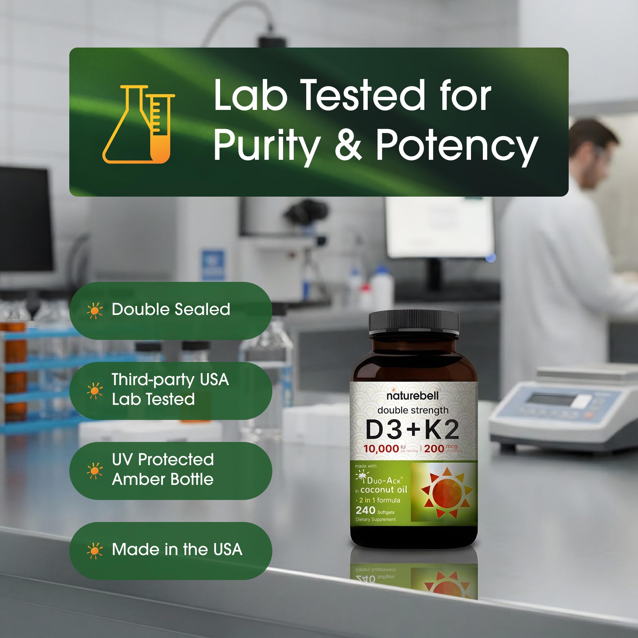 Daily routine with NatureBell D3 + K2 supplements.