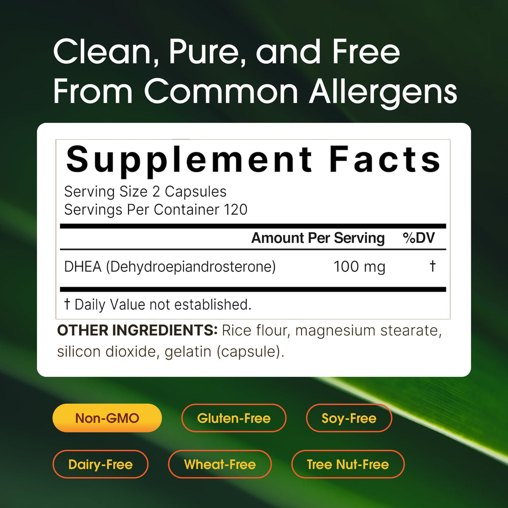 NatureBell DHEA 100mg label close-up highlighting non-GMO and gluten-free attributes.