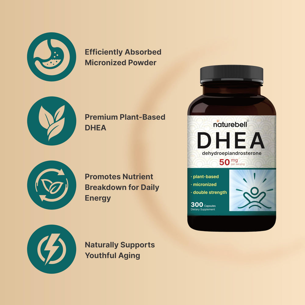 NatureBell DHEA 50mg bottle label emphasizes plant-based sourcing and non-GMO