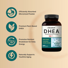 NatureBell DHEA 50mg bottle label emphasizes plant-based sourcing and non-GMO