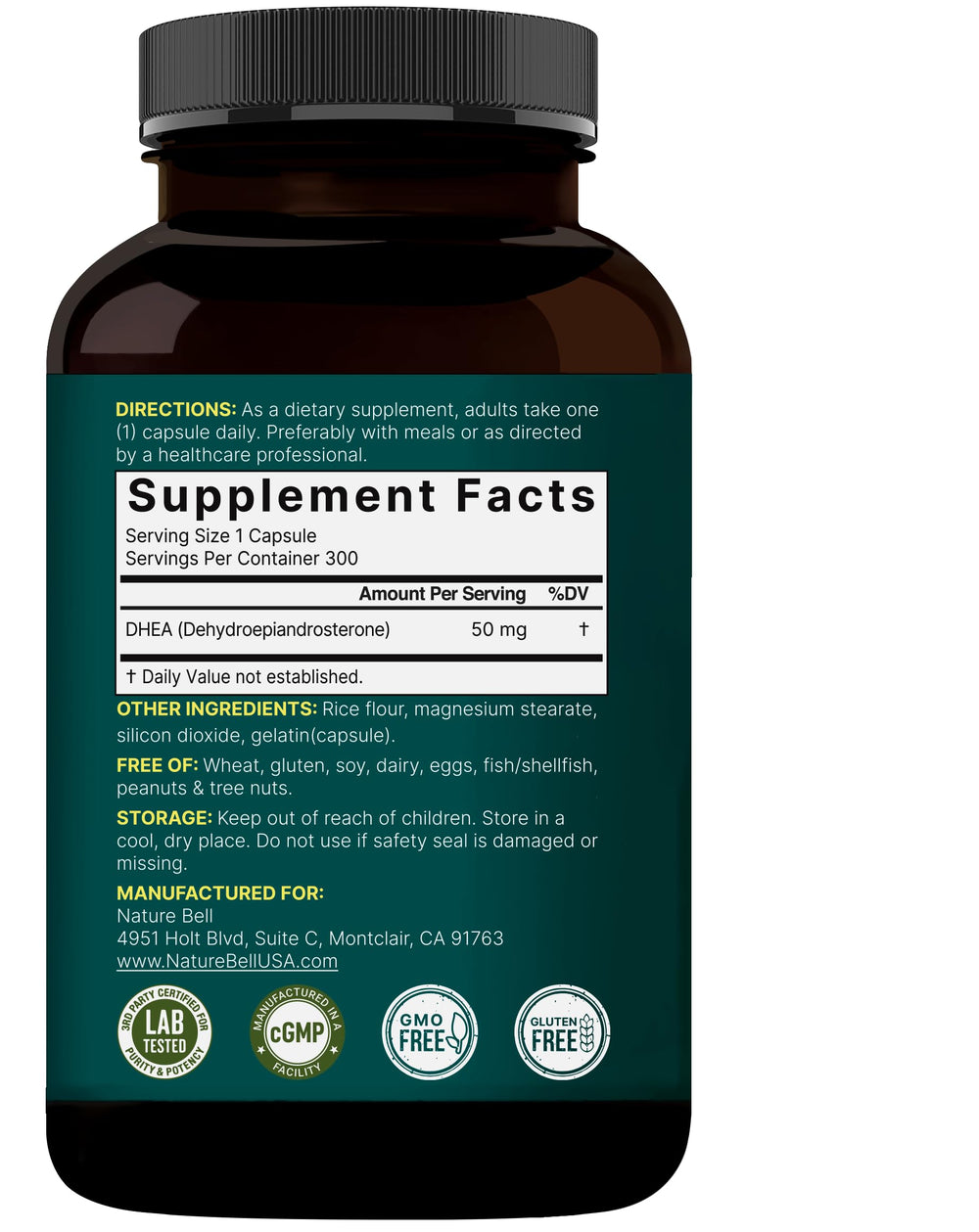 NatureBell DHEA 50mg ingredients panel highlights plant-based source