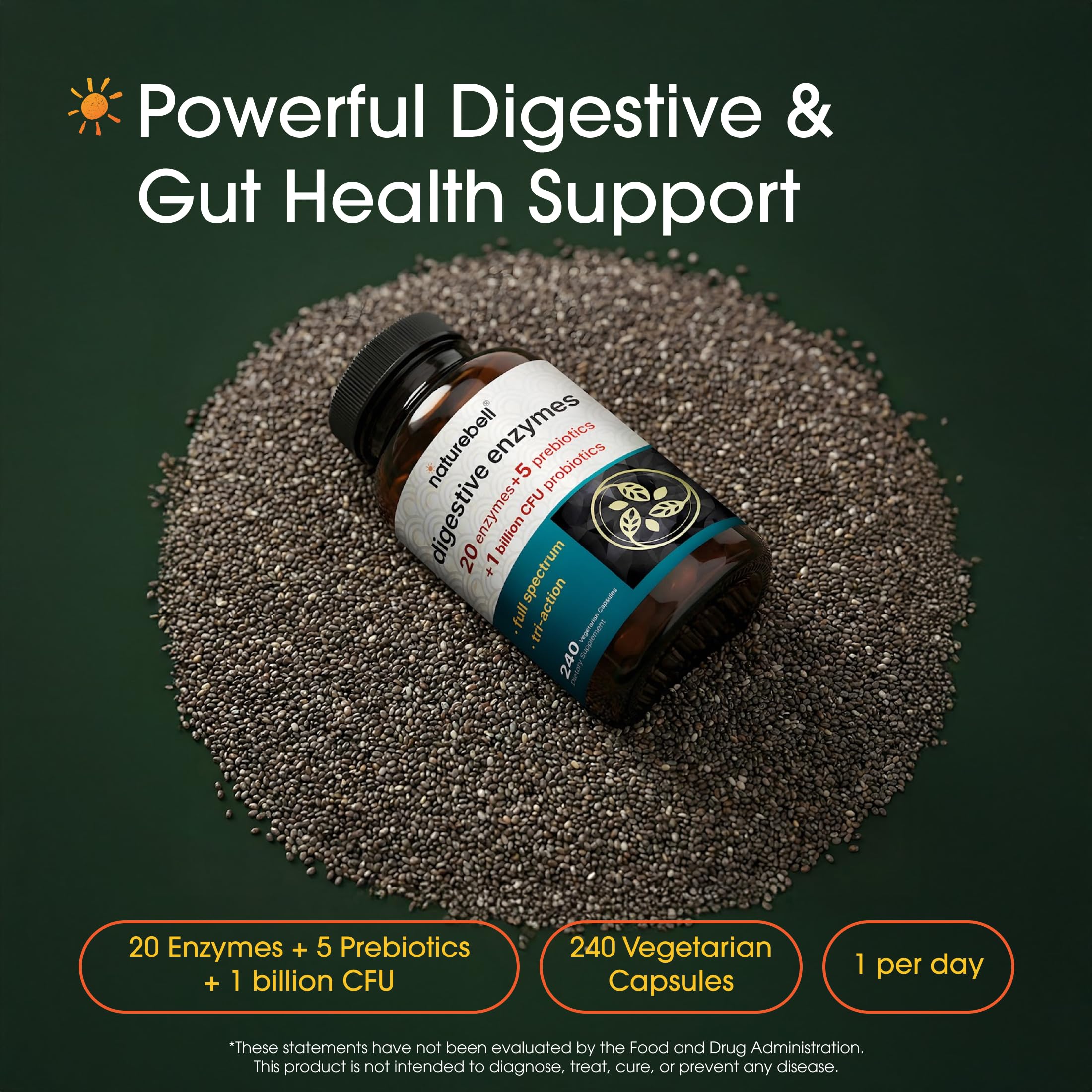 NatureBell Digestive Enzymes label close-up highlighting 20 enzymes for digestion