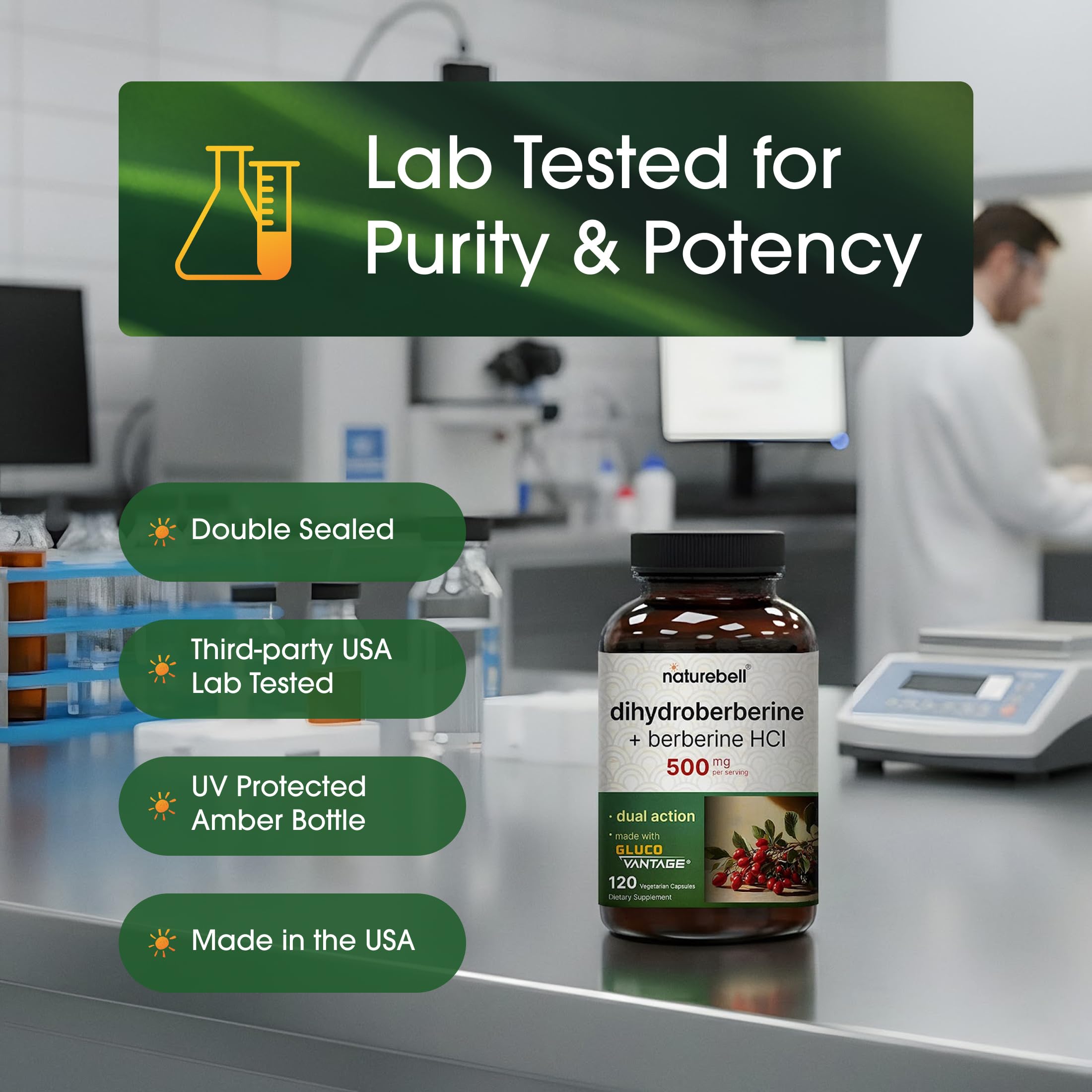 NatureBell Dihydroberberine third-party lab seal reinforces quality and potency.