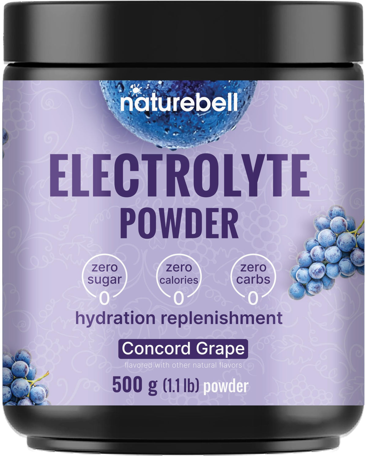 NatureBell Concord Grape Electrolytes powder tub for refreshing hydration.