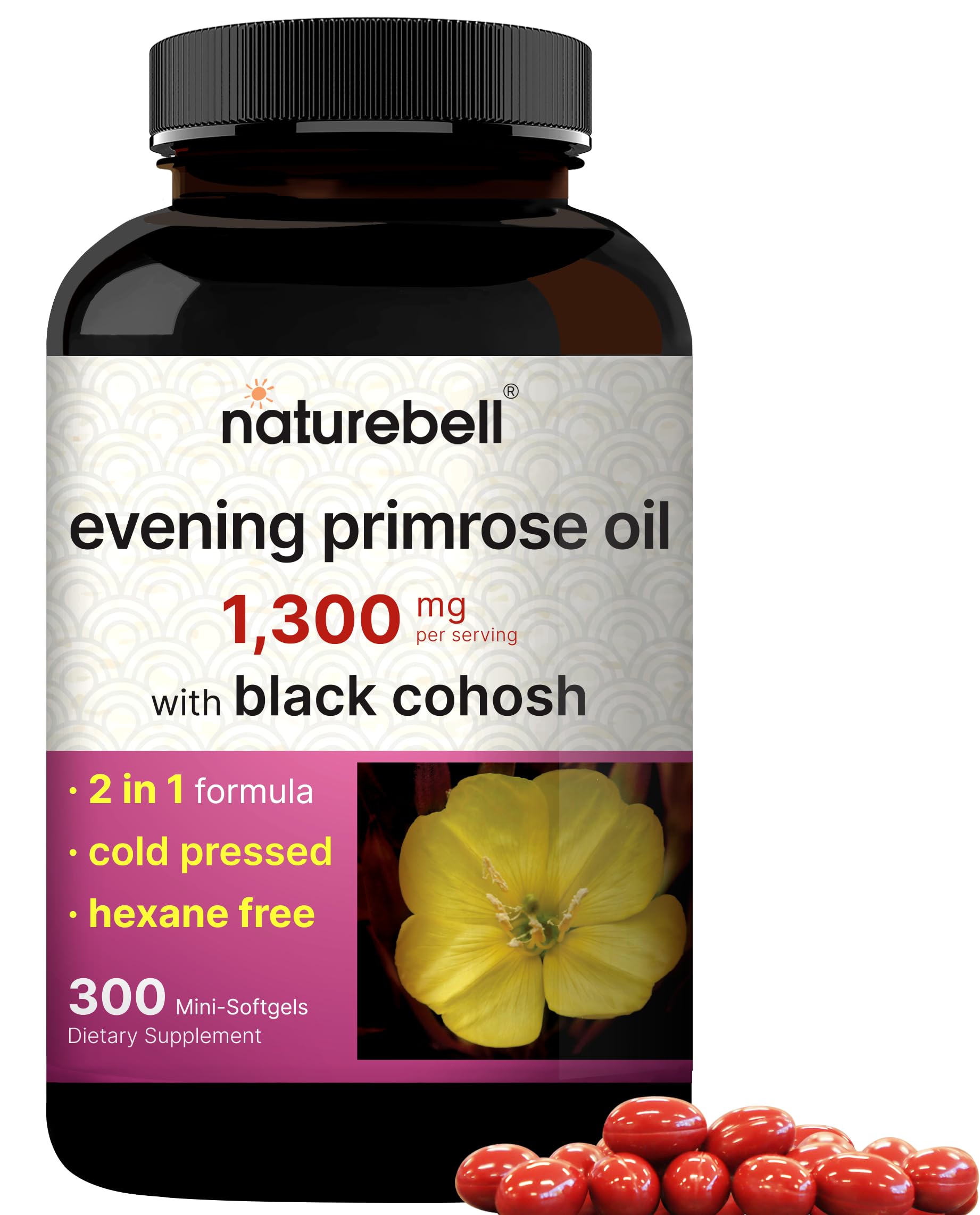 NatureBell Evening Primrose Oil bottle highlighting 1,300mg per serving for skin and wellness.