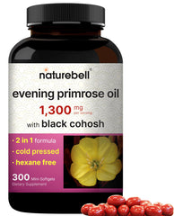 NatureBell Evening Primrose Oil bottle highlighting 1,300mg per serving for skin and wellness.