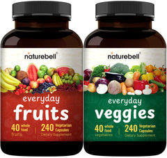 NatureBell fruit-veggies supplement bottle highlights 40-fruit blend for daily nutrition.