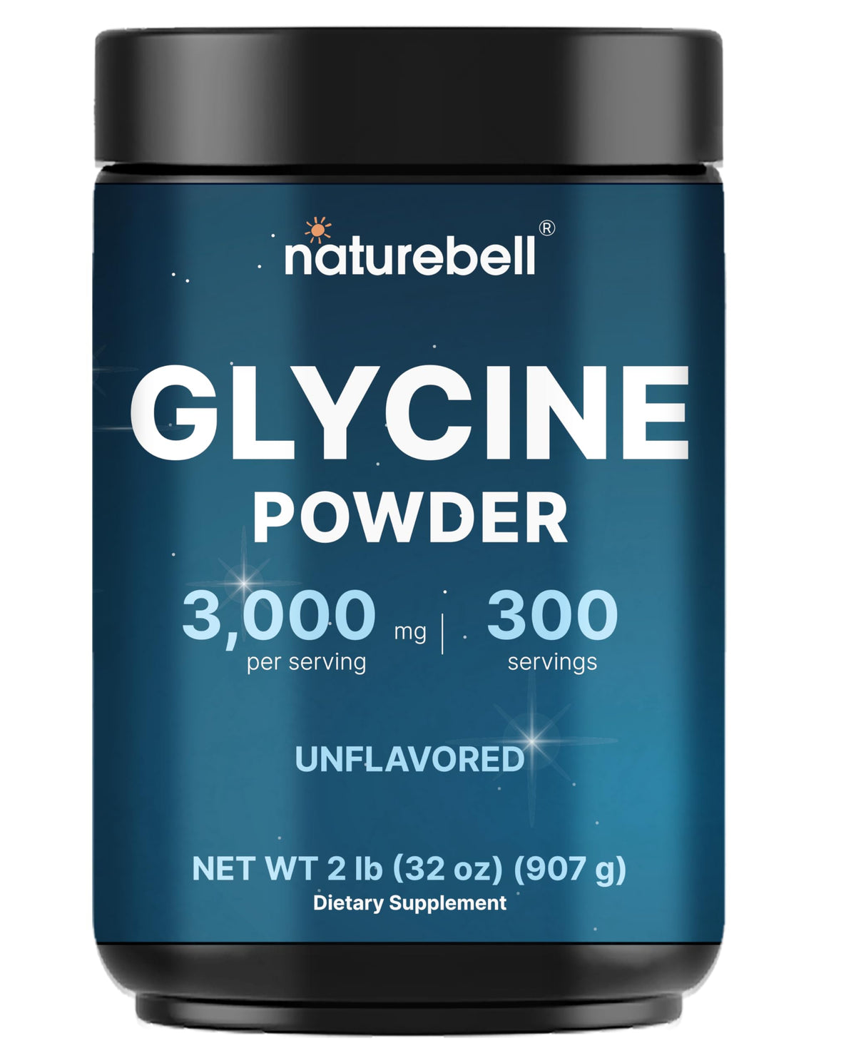 NatureBell glycine powder bottle label with pure, single-ingredient formula.