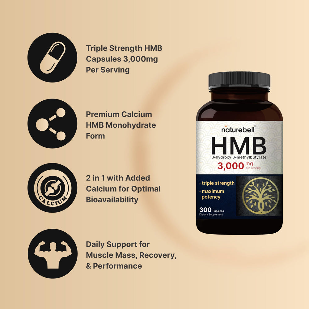 NatureBell HMB 3,000mg bottle label shows calcium-associated absorption benefits.