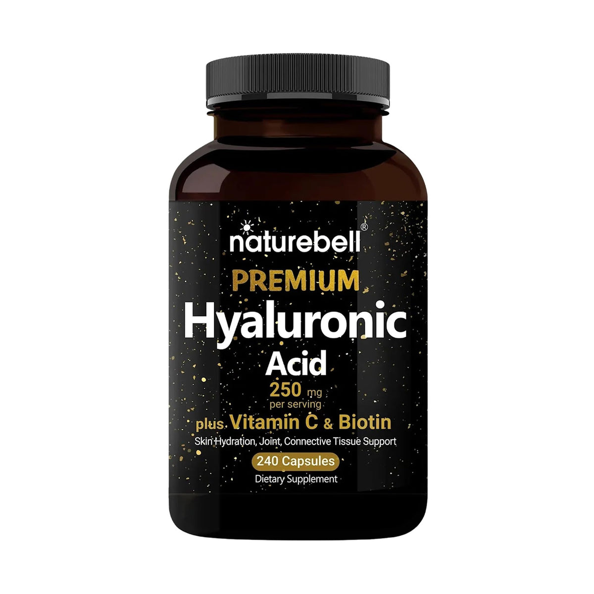 NatureBell Hyaluronic Acid 250mg bottle with label highlighting skin hydration.