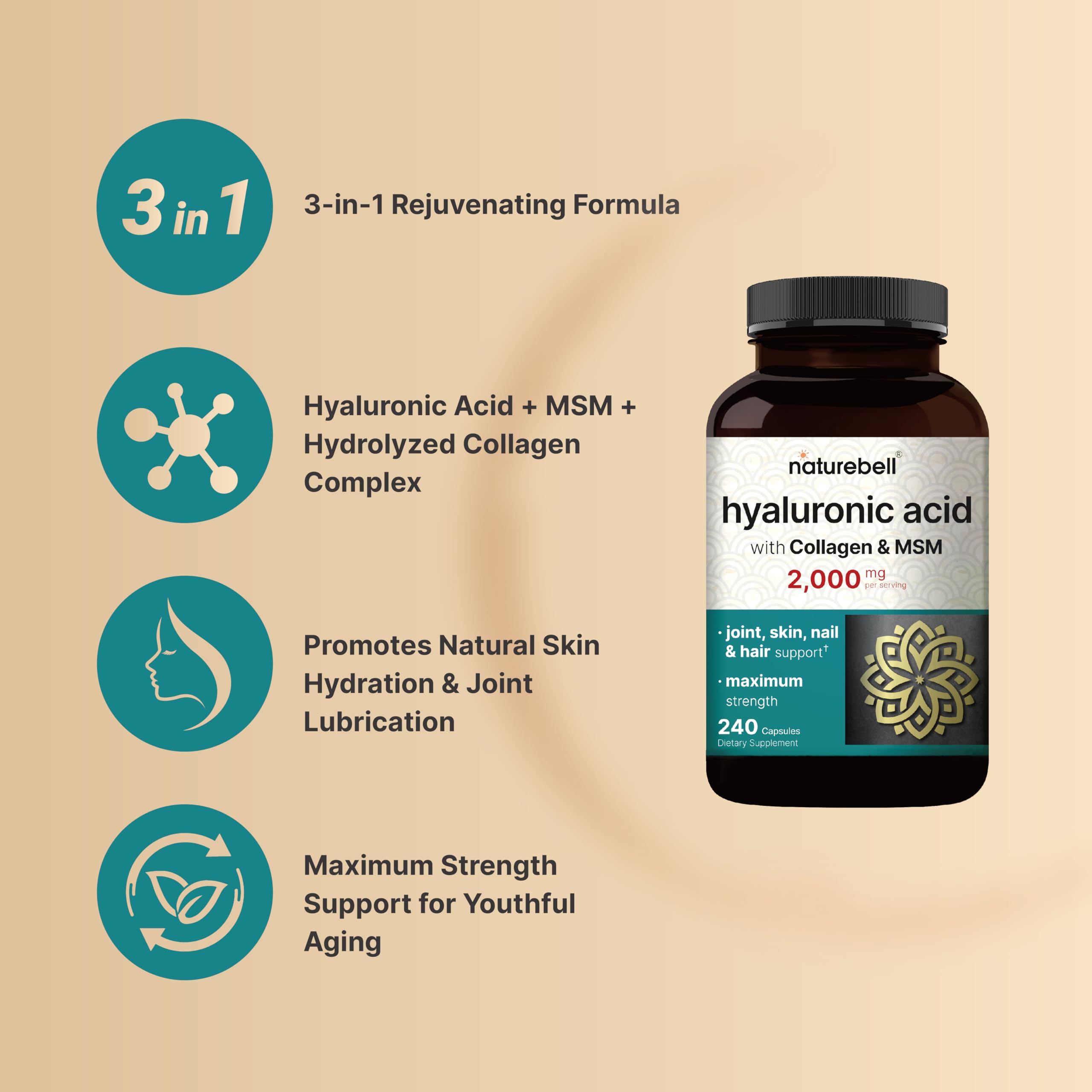 NatureBell Hyaluronic Acid 2 Pack capsules being poured for easy daily dosing