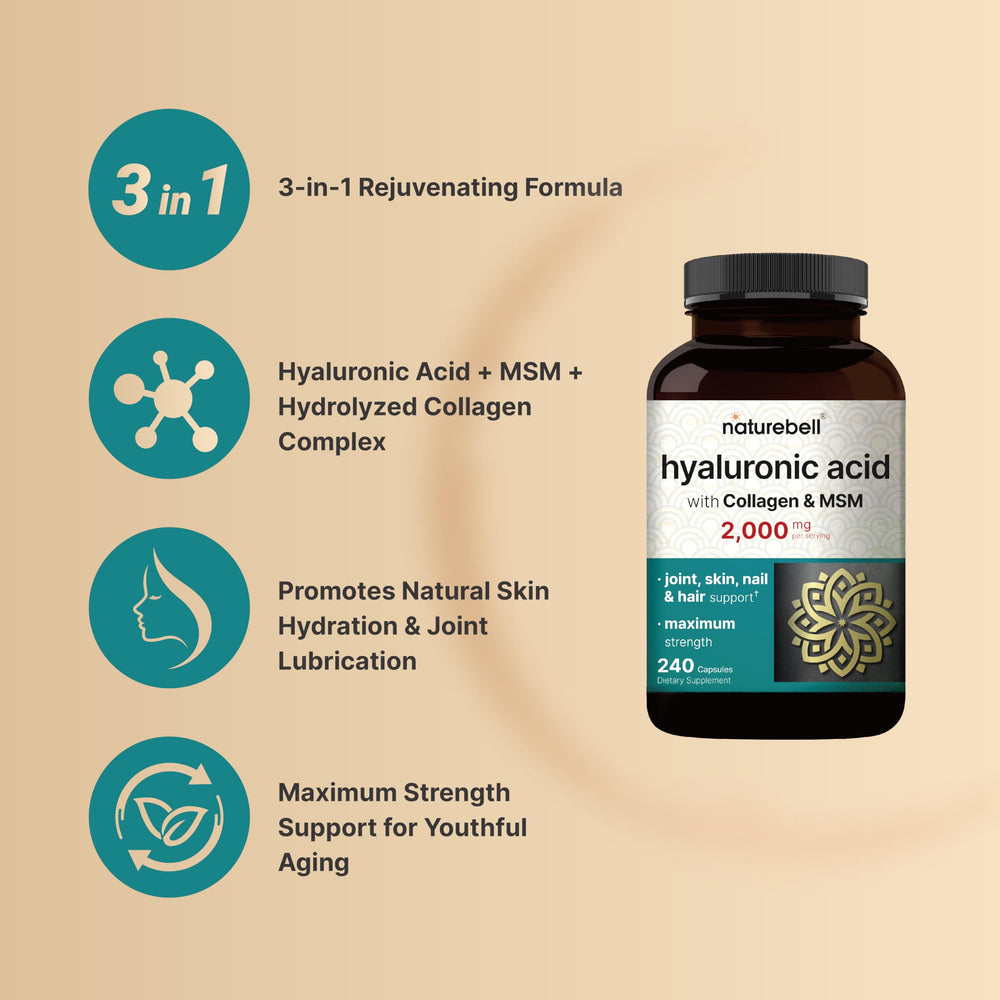 NatureBell Hyaluronic Acid 2 Pack capsules being poured for easy daily dosing