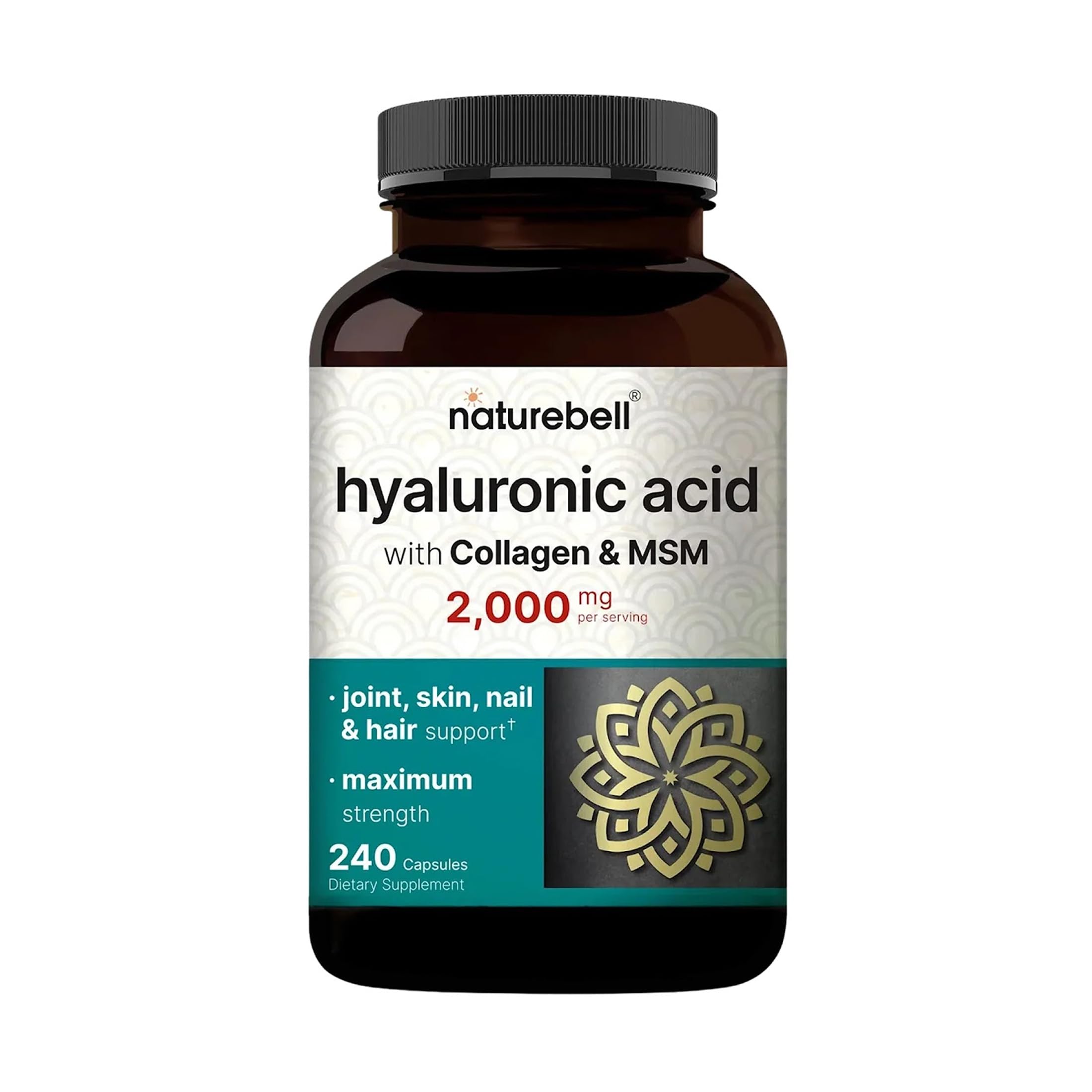 NatureBell Hyaluronic Acid bottle close-up highlighting hydration support.
