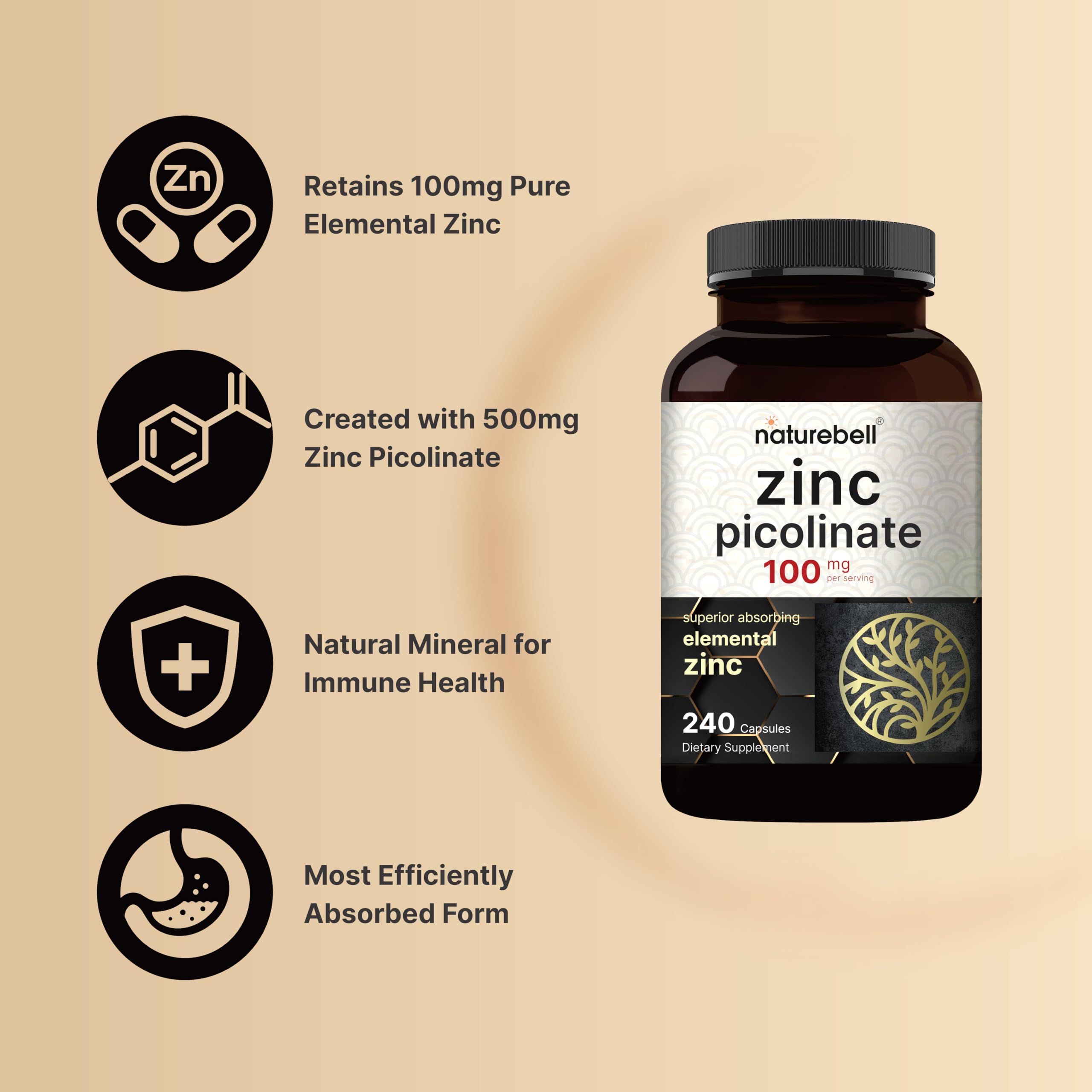 NatureBell immune-support zinc picolinate bottle shown for balanced nutrient intake