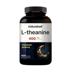 NatureBell L-Theanine 400 capsules bottle highlighting calm focus and non-drowsy support.