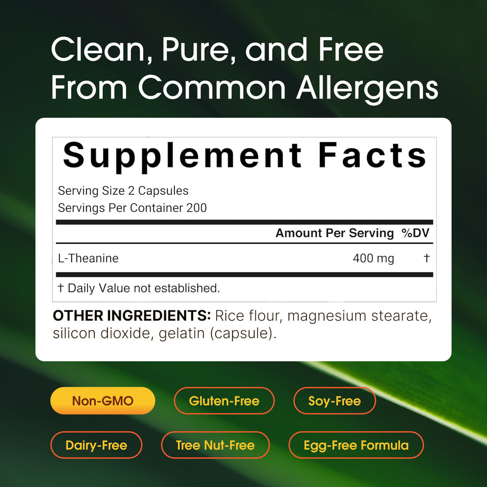 NatureBell L-Theanine bottle back lists ingredients and allergen information for transparency.