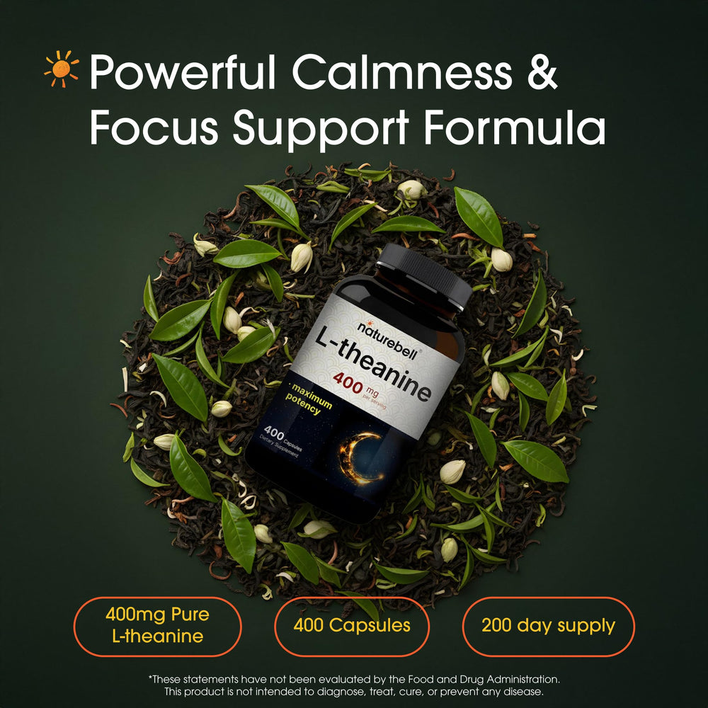 NatureBell L-Theanine bottle front shows potently labeled 400 mg per serving for daily calm.