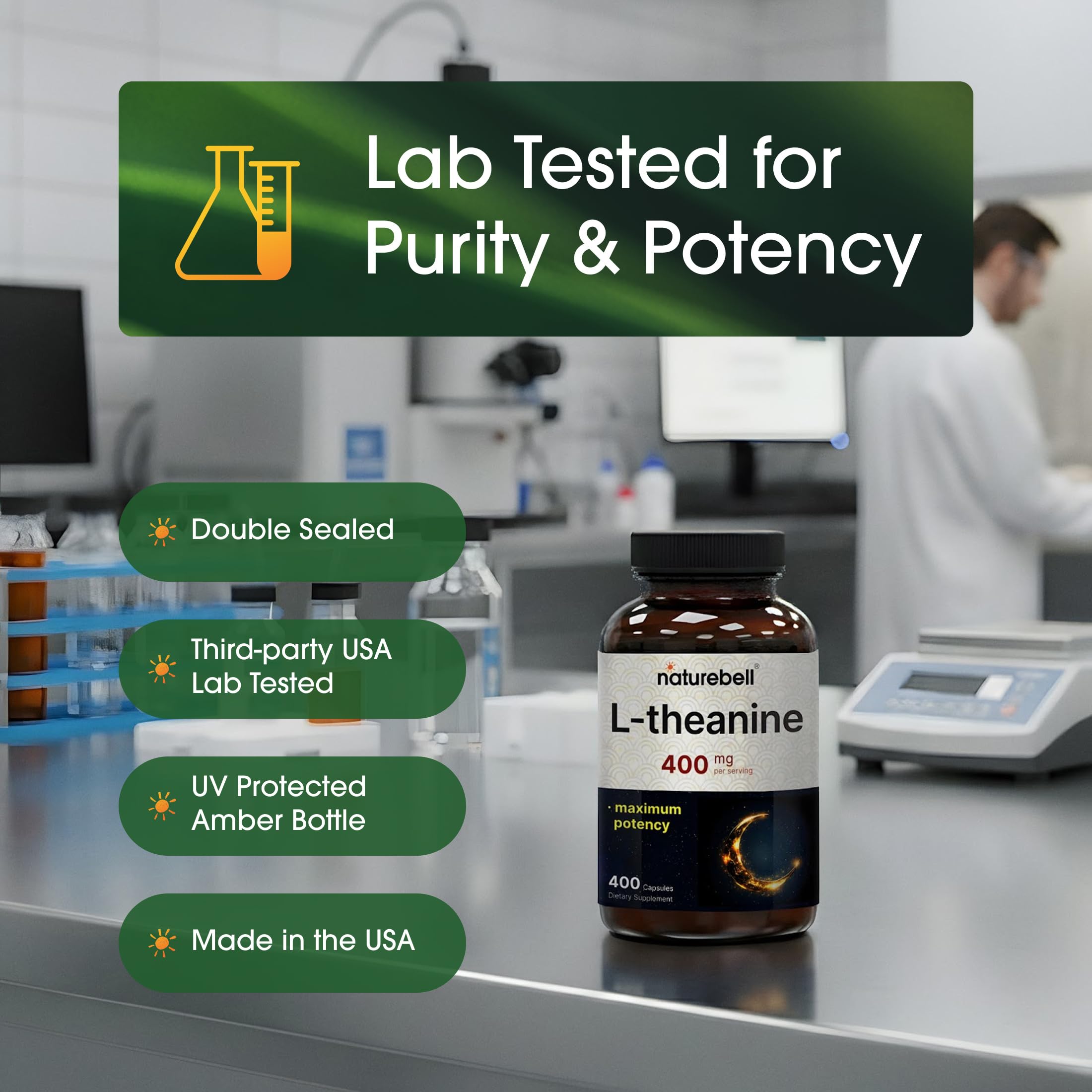 NatureBell L-Theanine capsules in hand illustrate easy daily supplement routine.