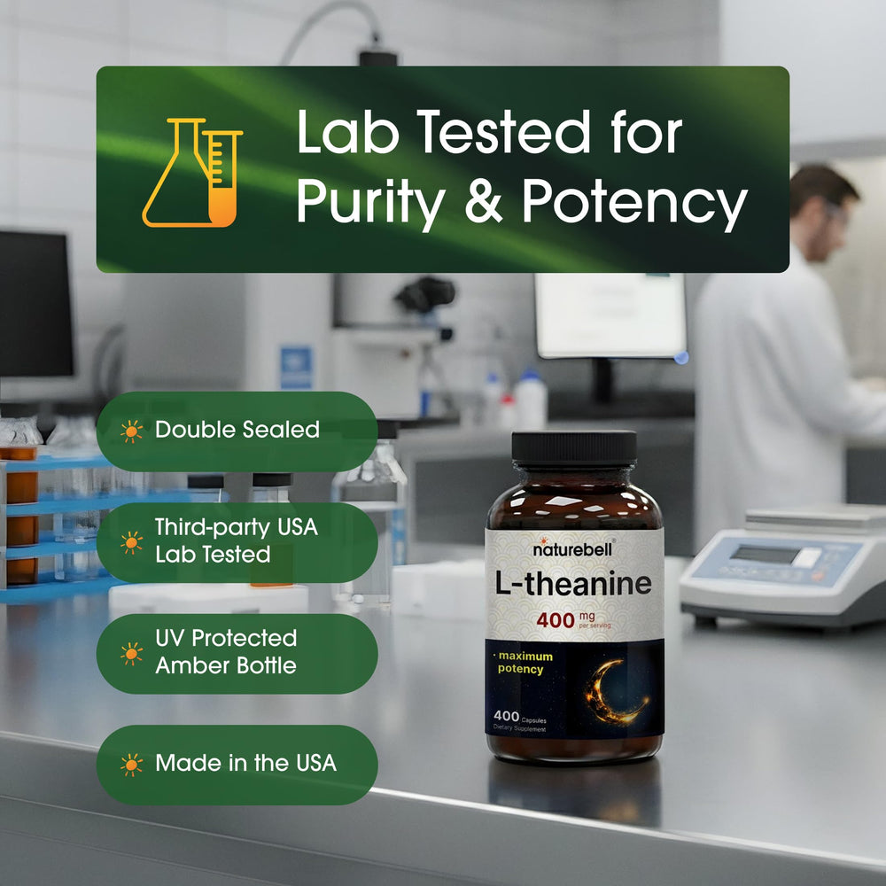 NatureBell L-Theanine capsules in hand illustrate easy daily supplement routine.