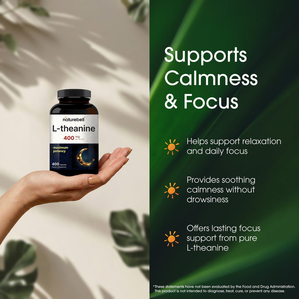 NatureBell L-Theanine label closeup emphasizes purity and third-party tested quality.