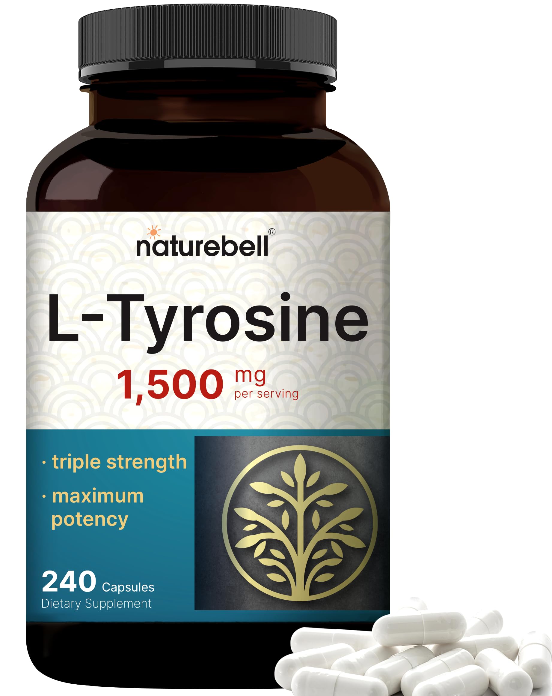 NatureBell L-Tyrosine 1500mg bottle highlighting brain support and daily focus.