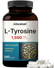 NatureBell L-Tyrosine 1500mg bottle highlighting brain support and daily focus.