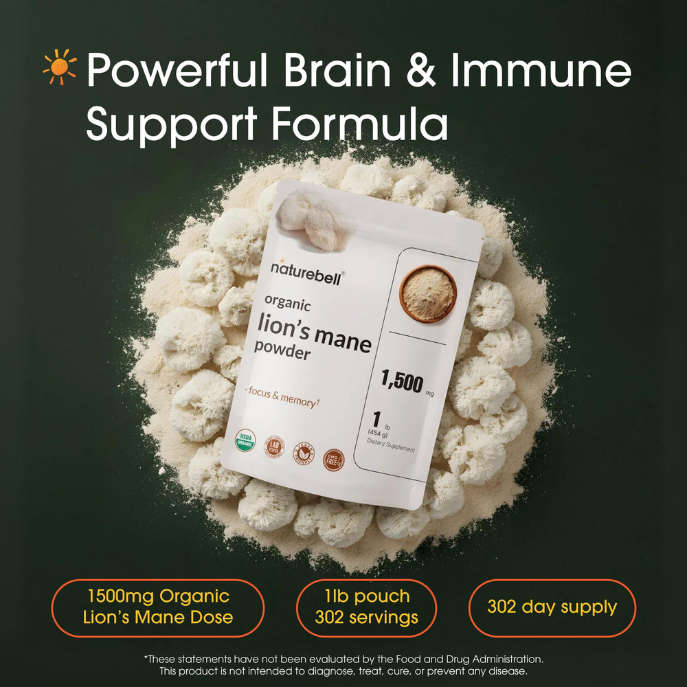 NatureBell Lion’s Mane powder scoop shows convenient serving size for mindful routines