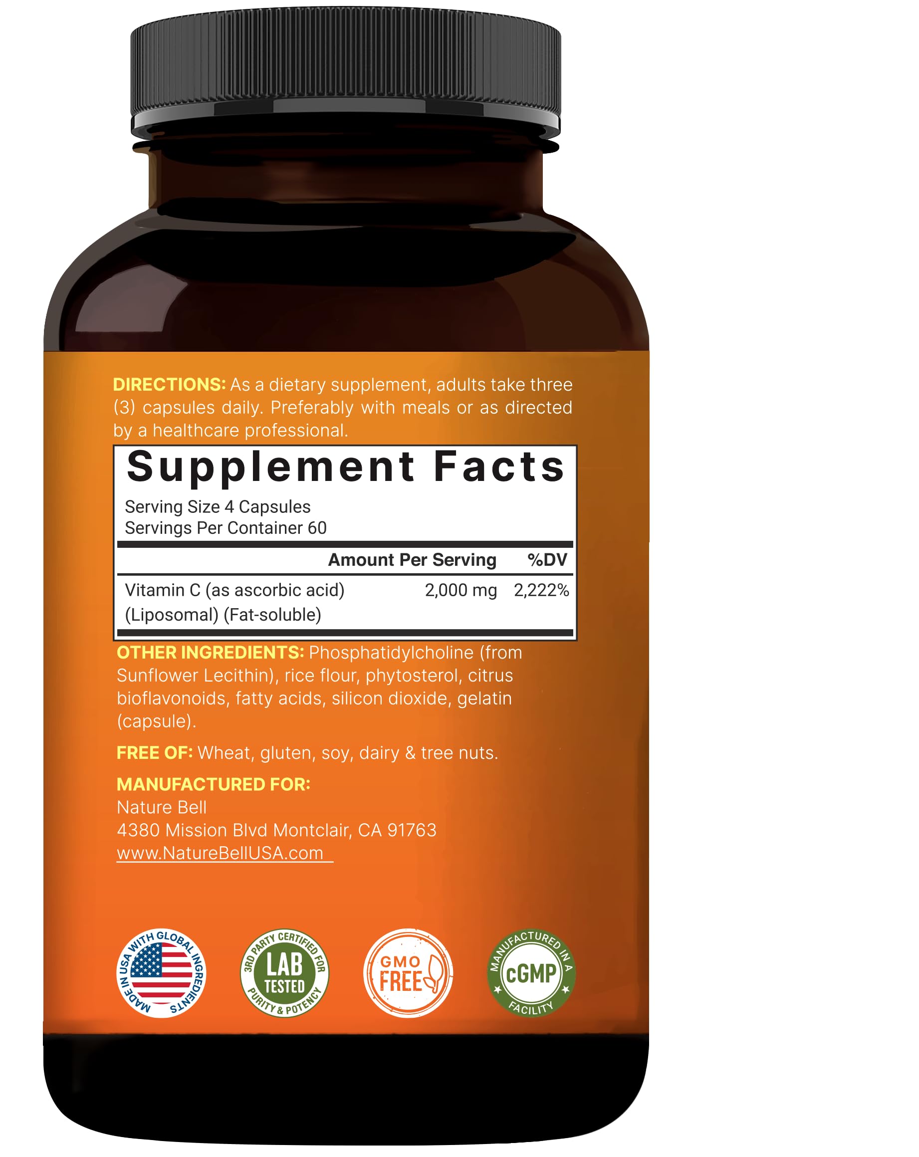 NatureBell liposomal vitamin C bottle—gluten-free and soy-free formula.