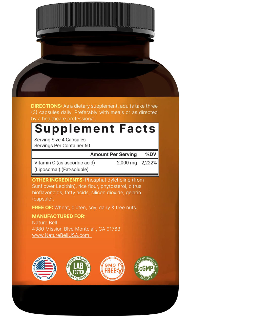 NatureBell liposomal vitamin C bottle—gluten-free and soy-free formula.