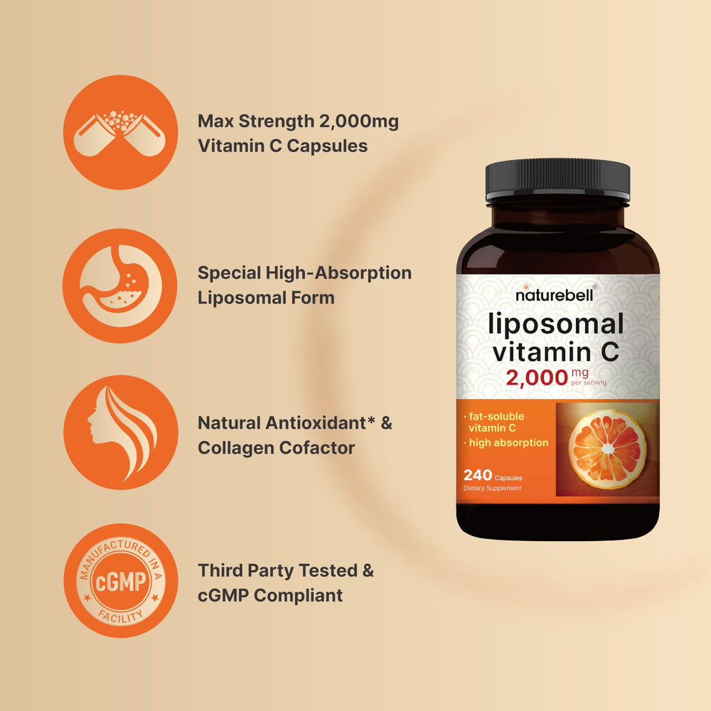 NatureBell liposomal vitamin C label close-up showing non-GMO and gluten-free status.