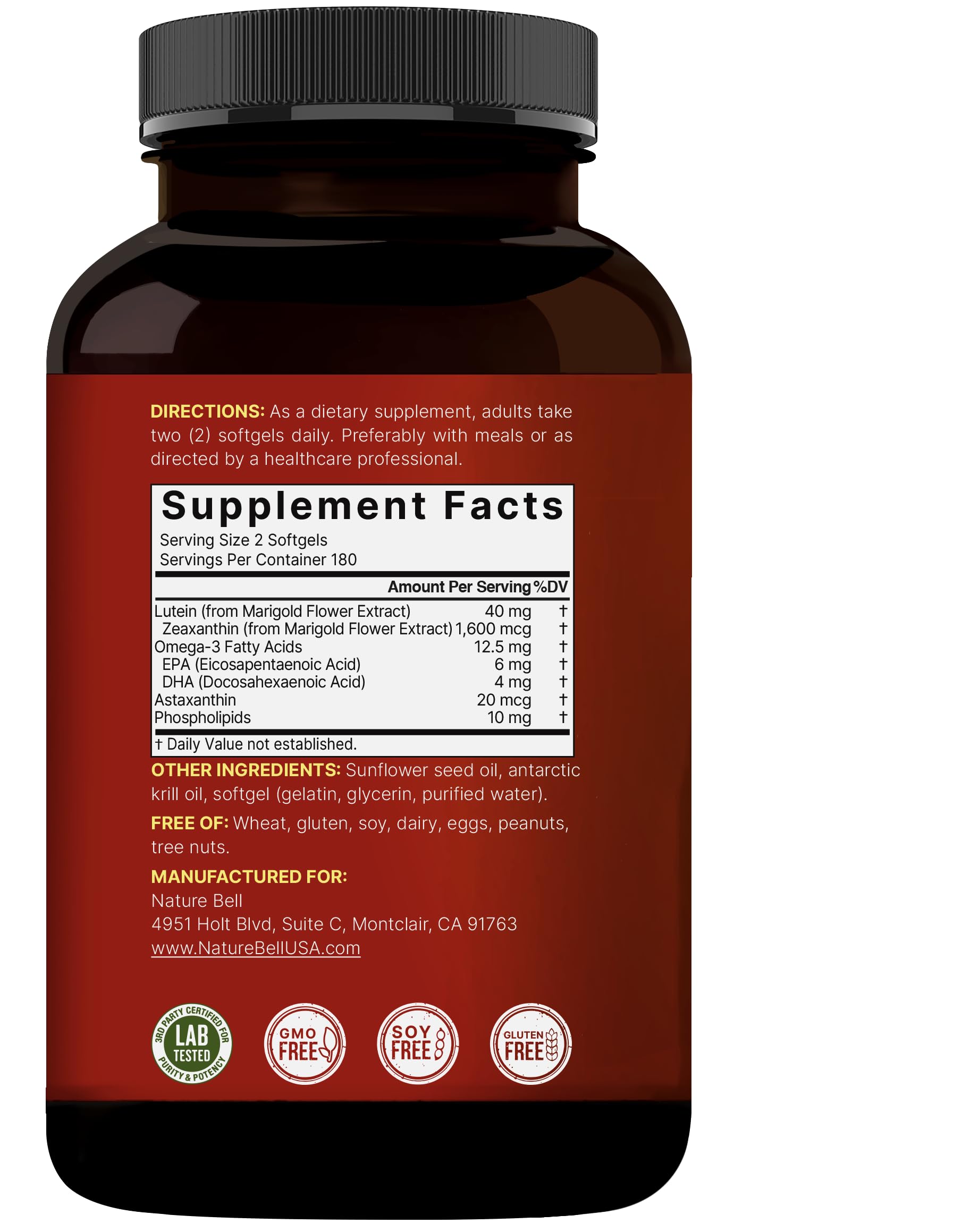 NatureBell Lutein astaxanthin softgel closeup suggests antioxidant support.