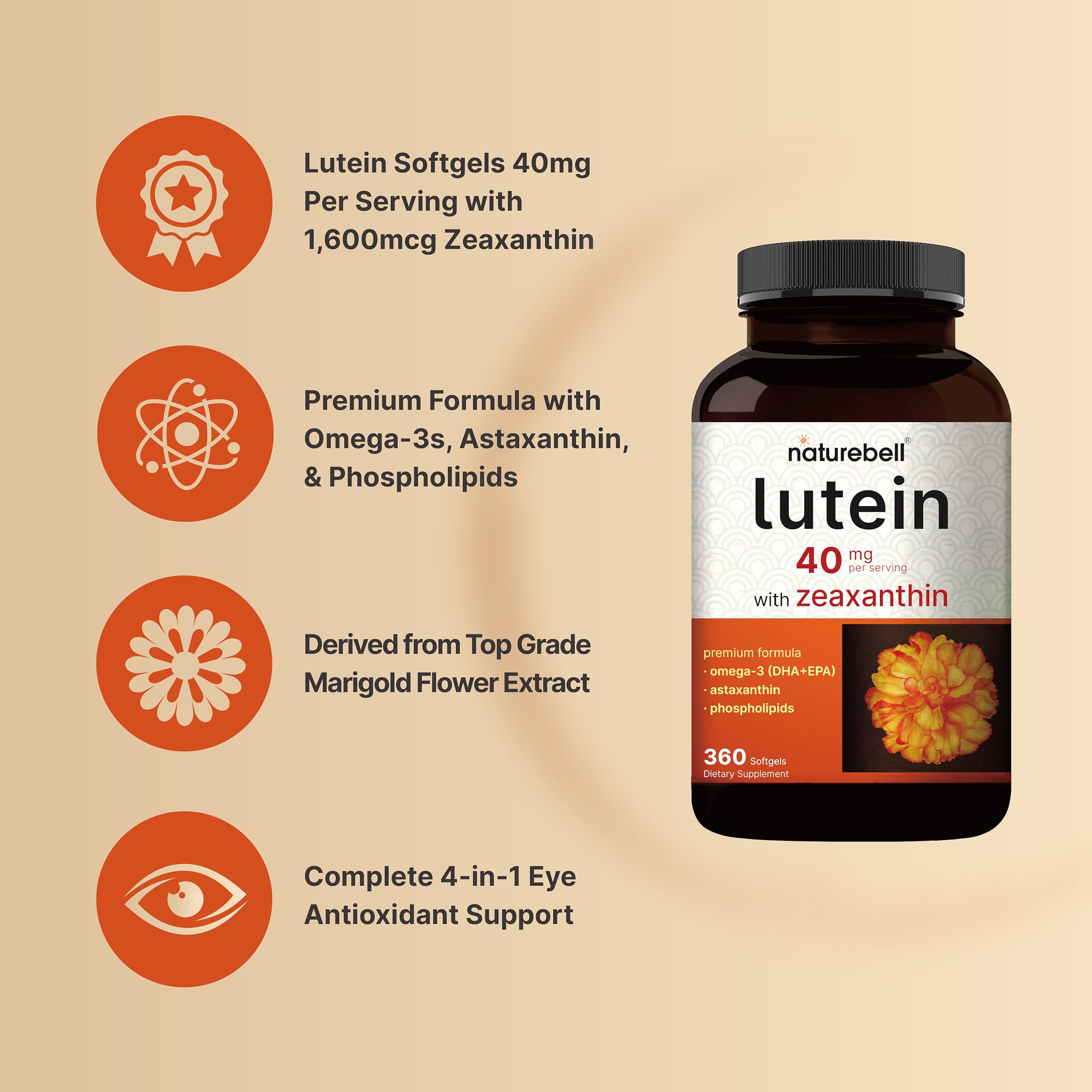 NatureBell Lutein softgels closeup highlights easy swallow design.