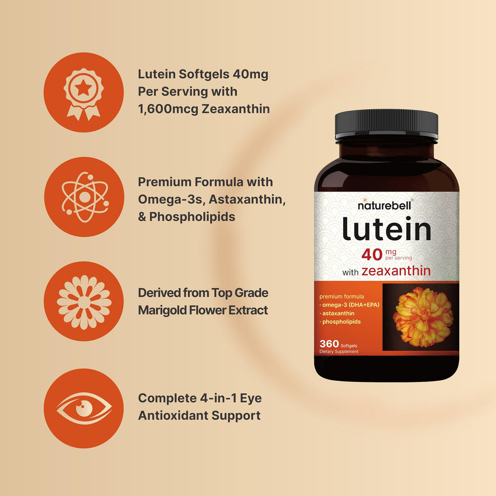 NatureBell Lutein softgels closeup highlights easy swallow design.
