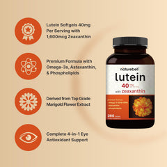 NatureBell Lutein softgels closeup highlights easy swallow design.
