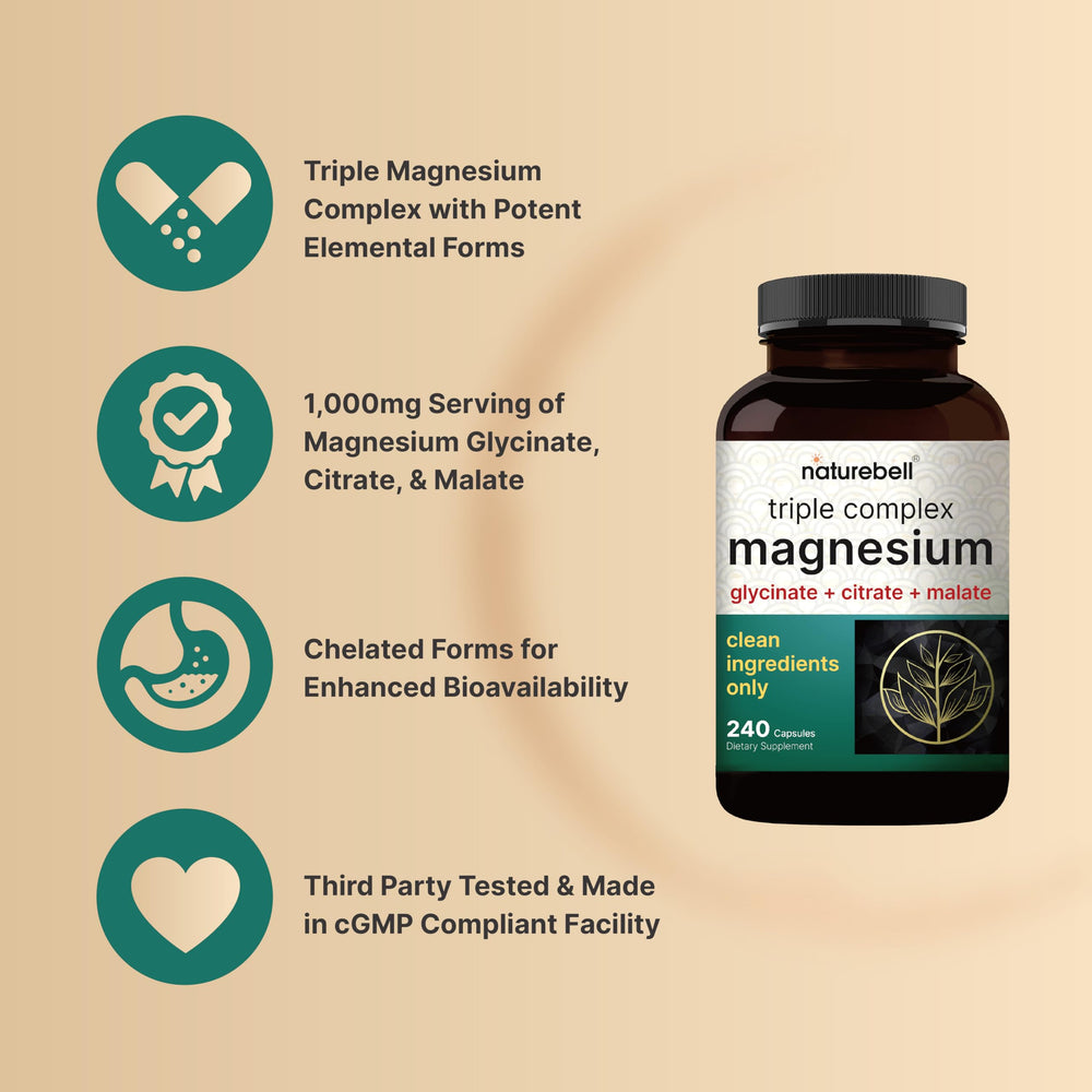 NatureBell Magnesium Complex triple-forms closeup with glycinate citrate malate.