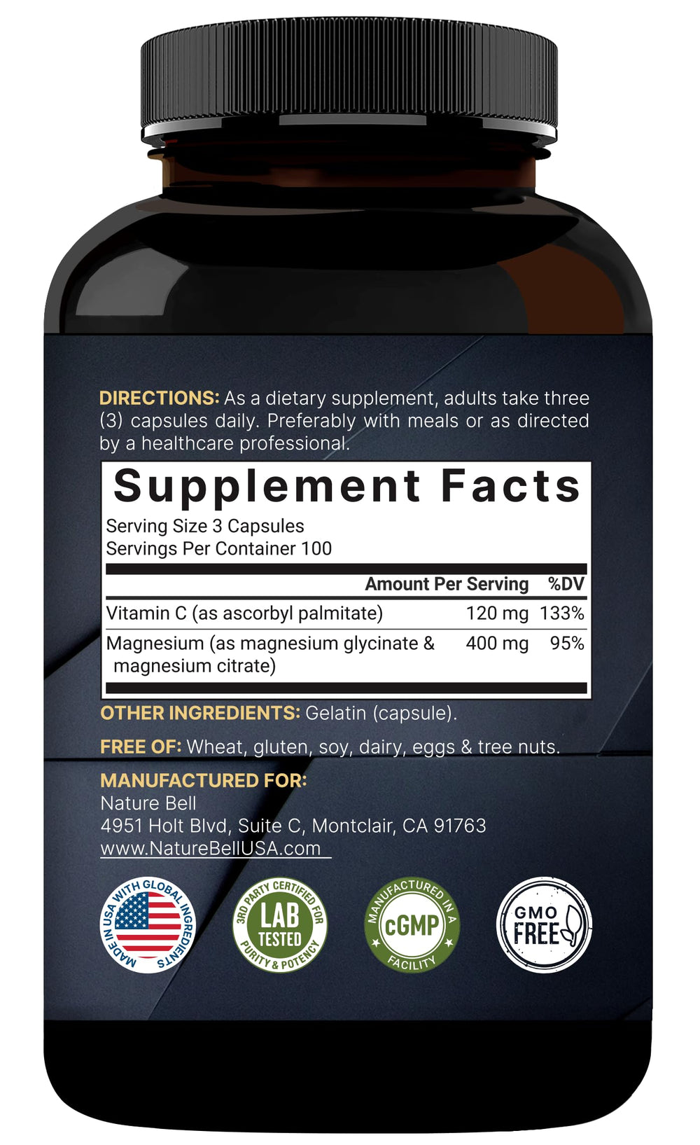 NatureBell Magnesium Complex third-party lab tested badge ensuring safety and potency.
