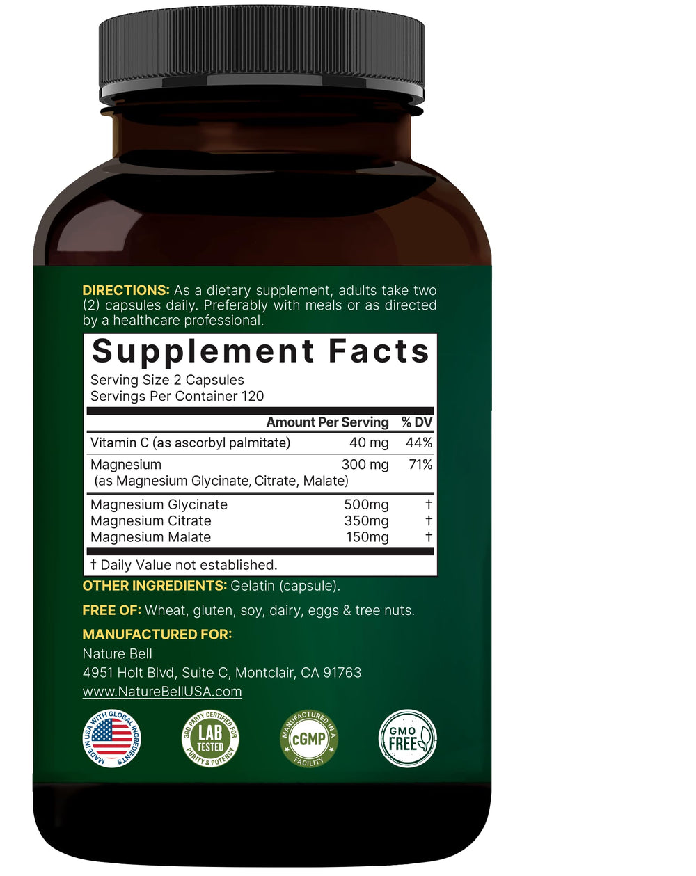 NatureBell Magnesium Complex third-party testing badge displayed.