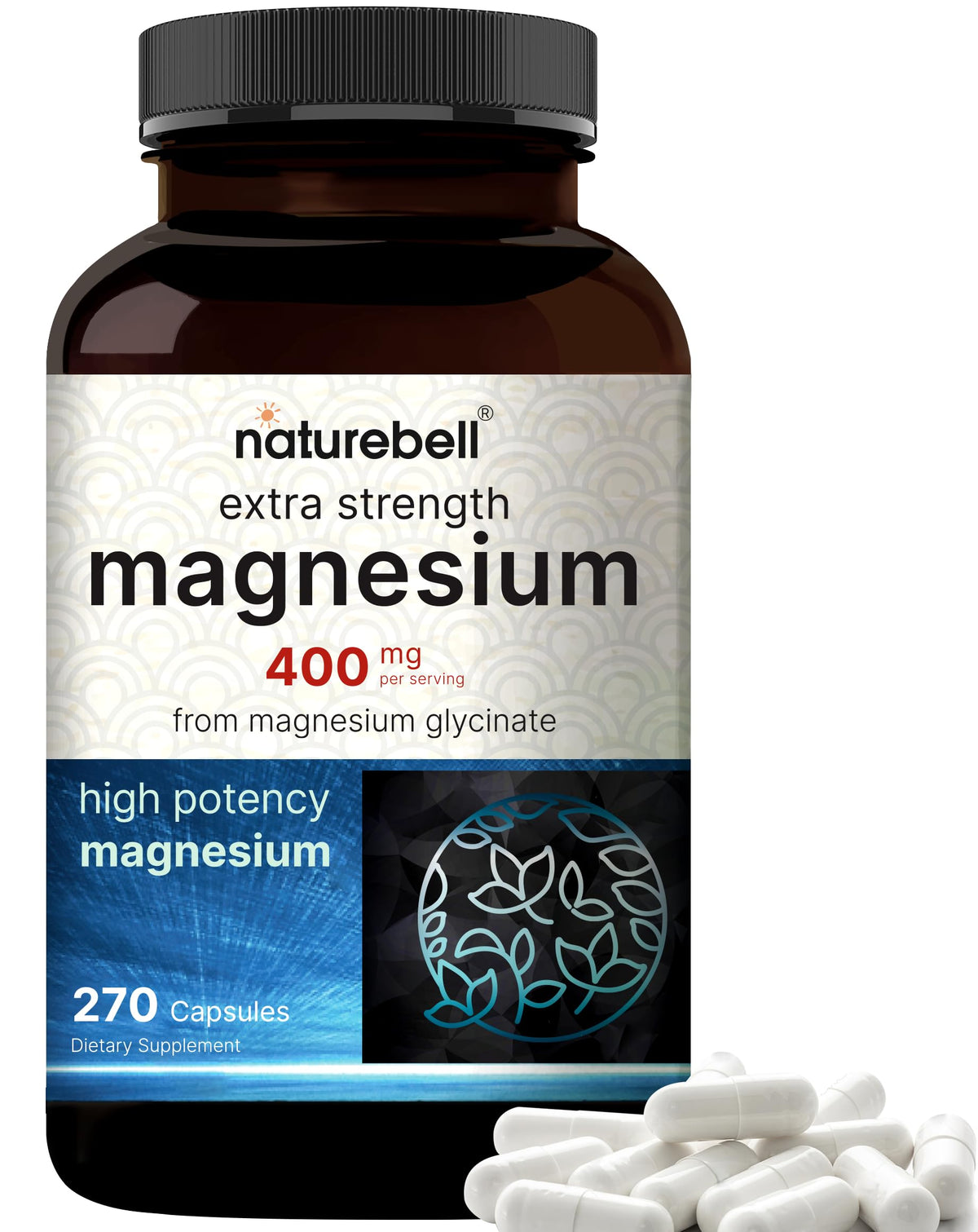 NatureBell Magnesium Glycinate 400mg bottle closeup highlighting high absorption formula.