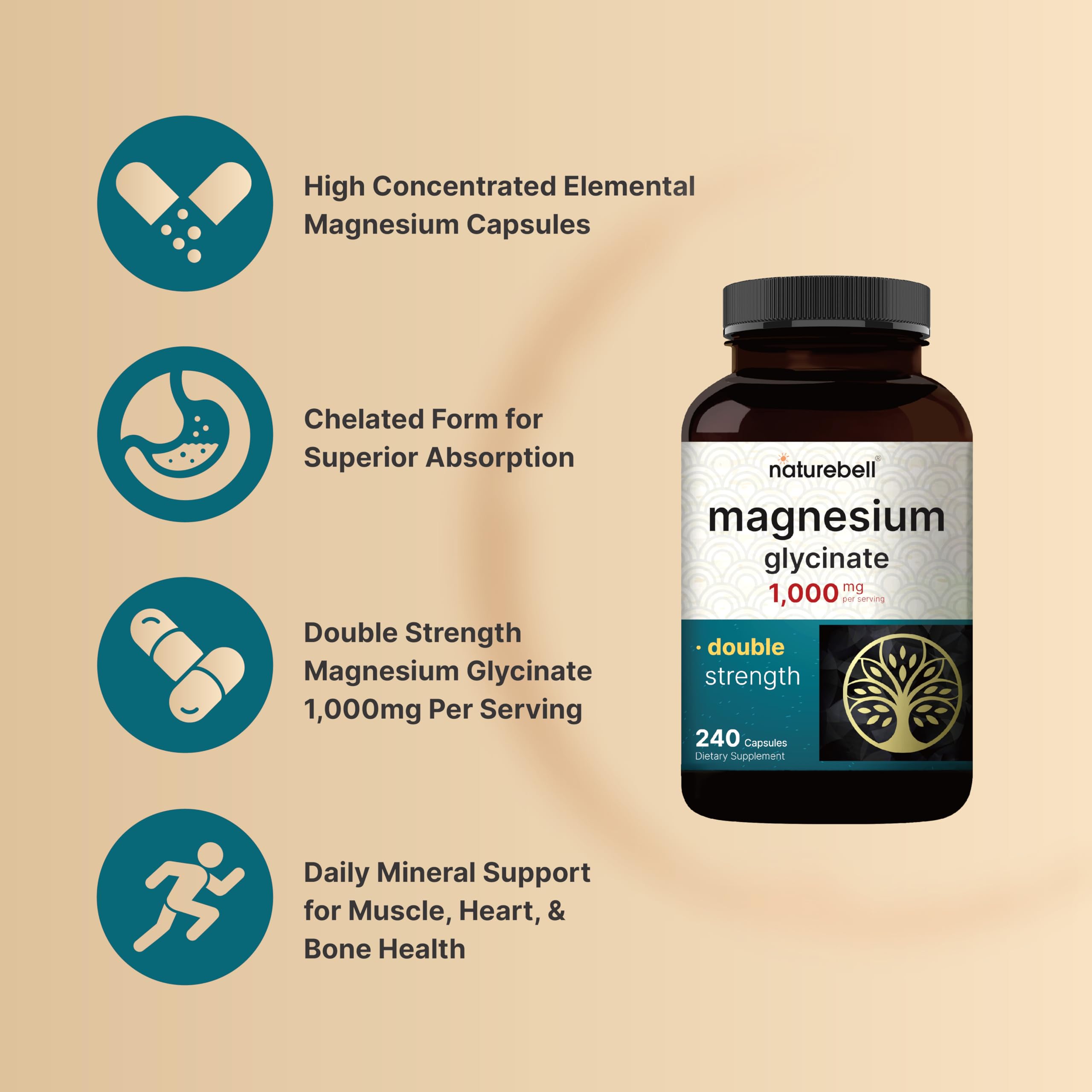 NatureBell Magnesium Glycinate capsules close-up showing 500 mg per capsule for daily use.
