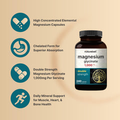 NatureBell Magnesium Glycinate capsules close-up showing 500 mg per capsule for daily use.