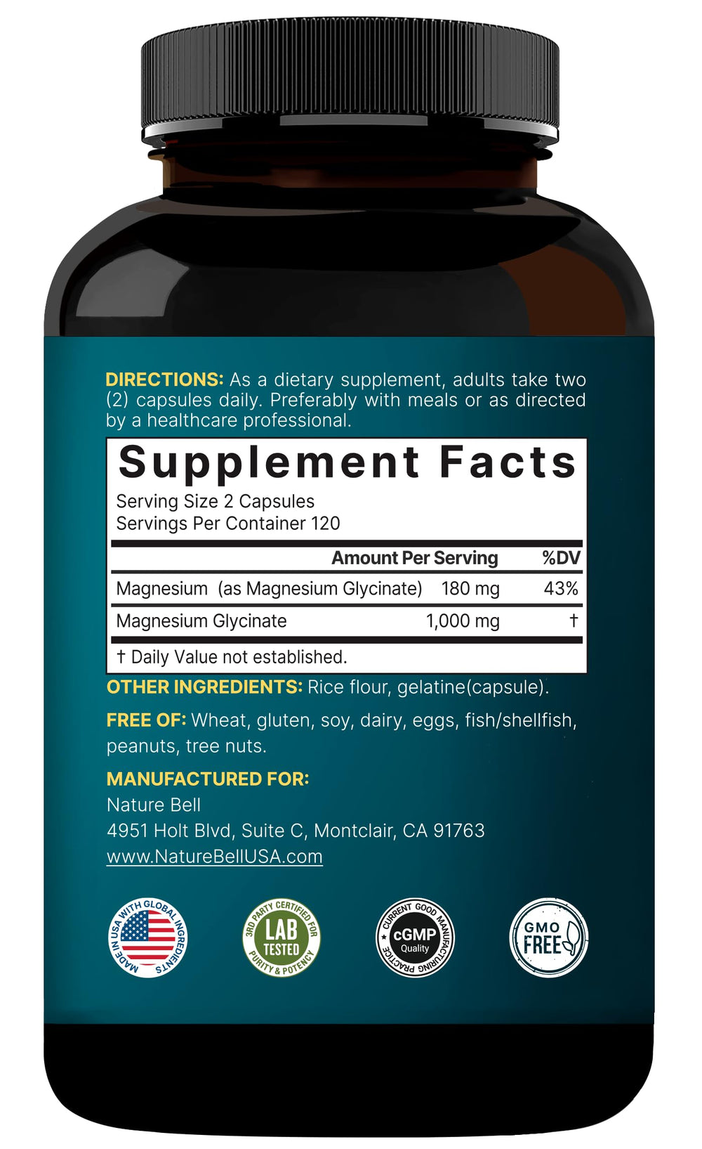 NatureBell magnesium product with USA-made label notes manufacturing in the United States.