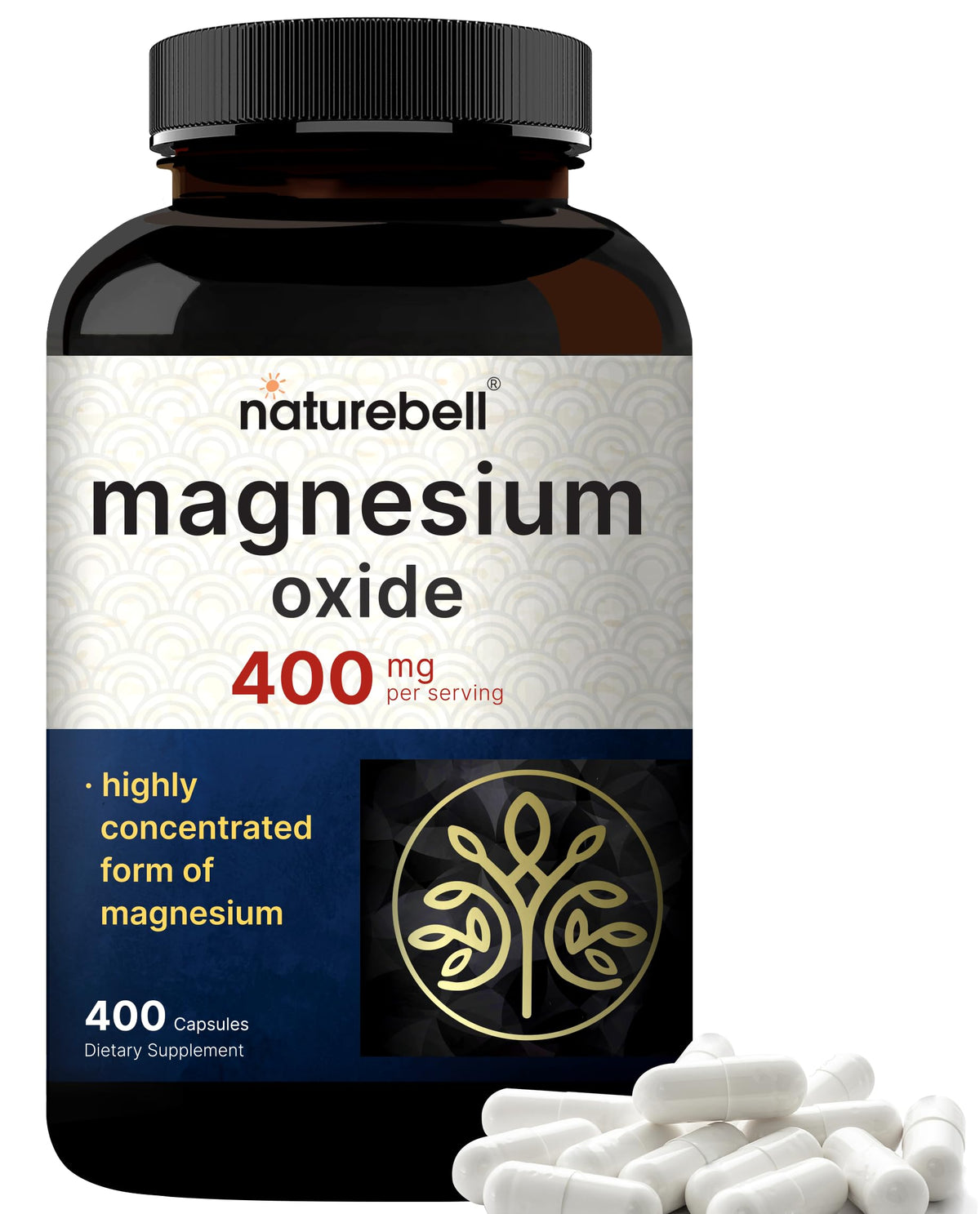 NatureBell magnesium oxide 400mg bottle provides daily mineral support.