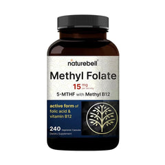 NatureBell Methyl Folate 15mg bottle with capsules for daily energy support.