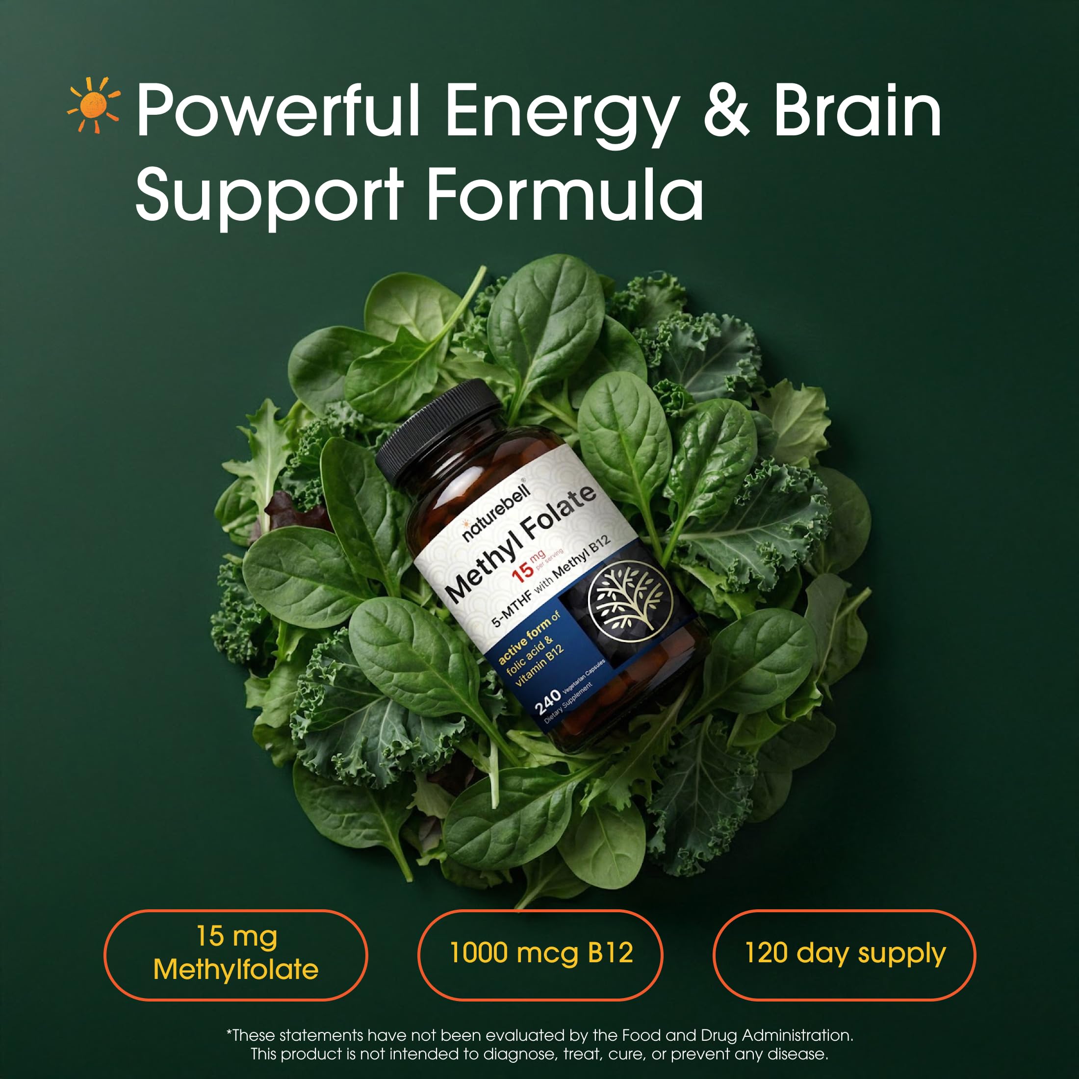 NatureBell Methyl Folate 15mg capsules close-up highlighting easy-to-take design.