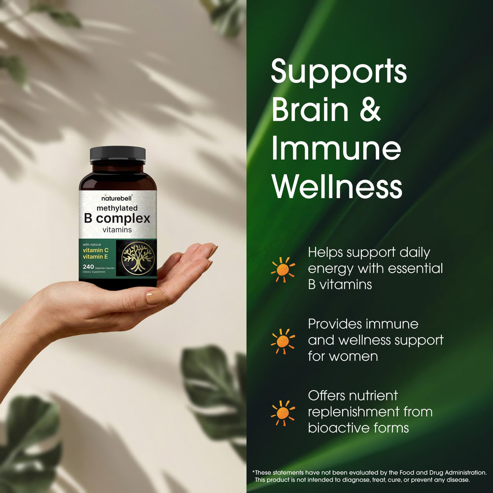 NatureBell Methylated B Complex packaging confirms non-GMO and gluten-free formulation.