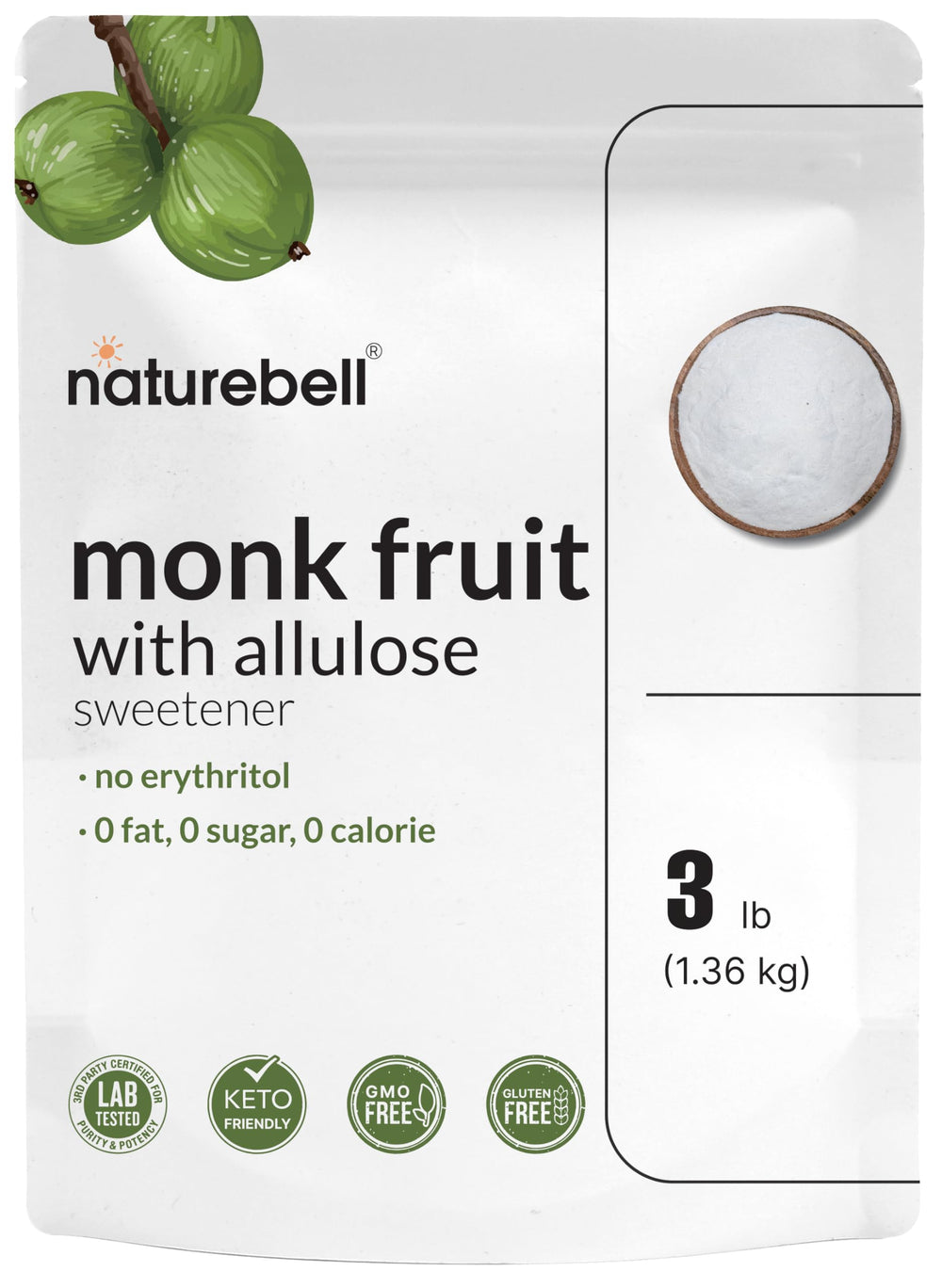 NatureBell monk fruit allulose sweetener pack, ideal for keto baking with no aftertaste.