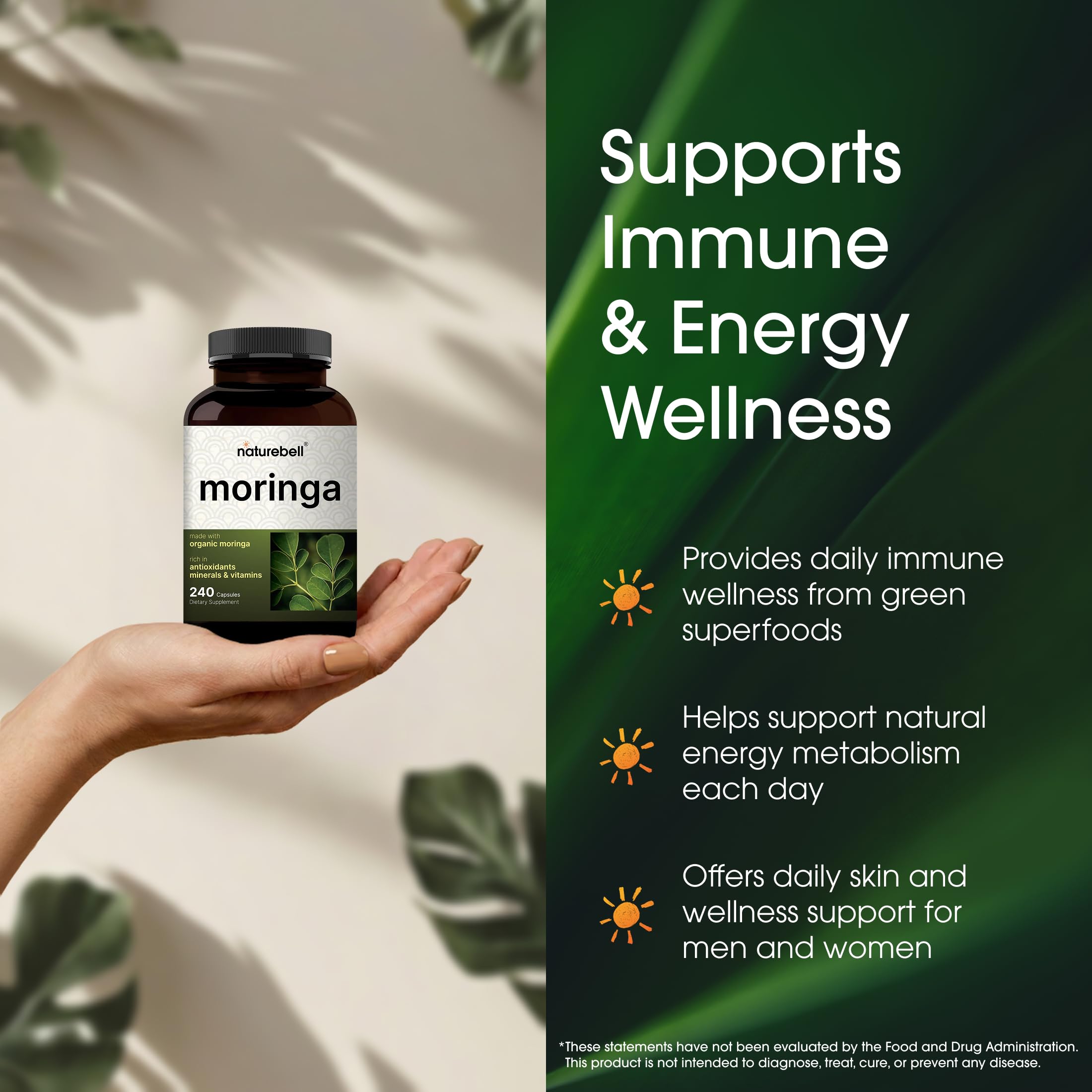 Holding NatureBell Moringa bottle for portable daily wellness.