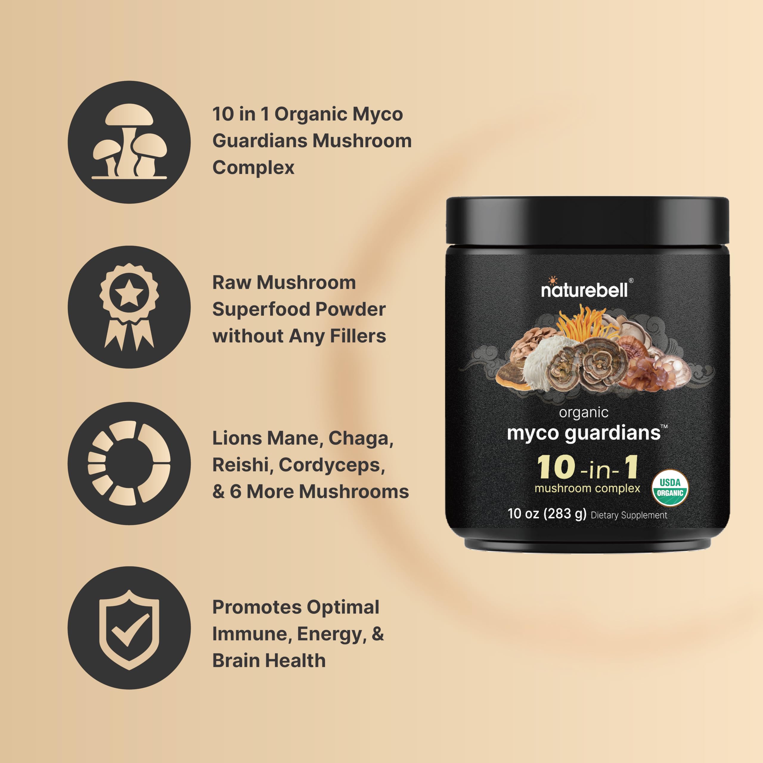 NatureBell Mushroom powder dissolving smoothly in coffee for quick energy.