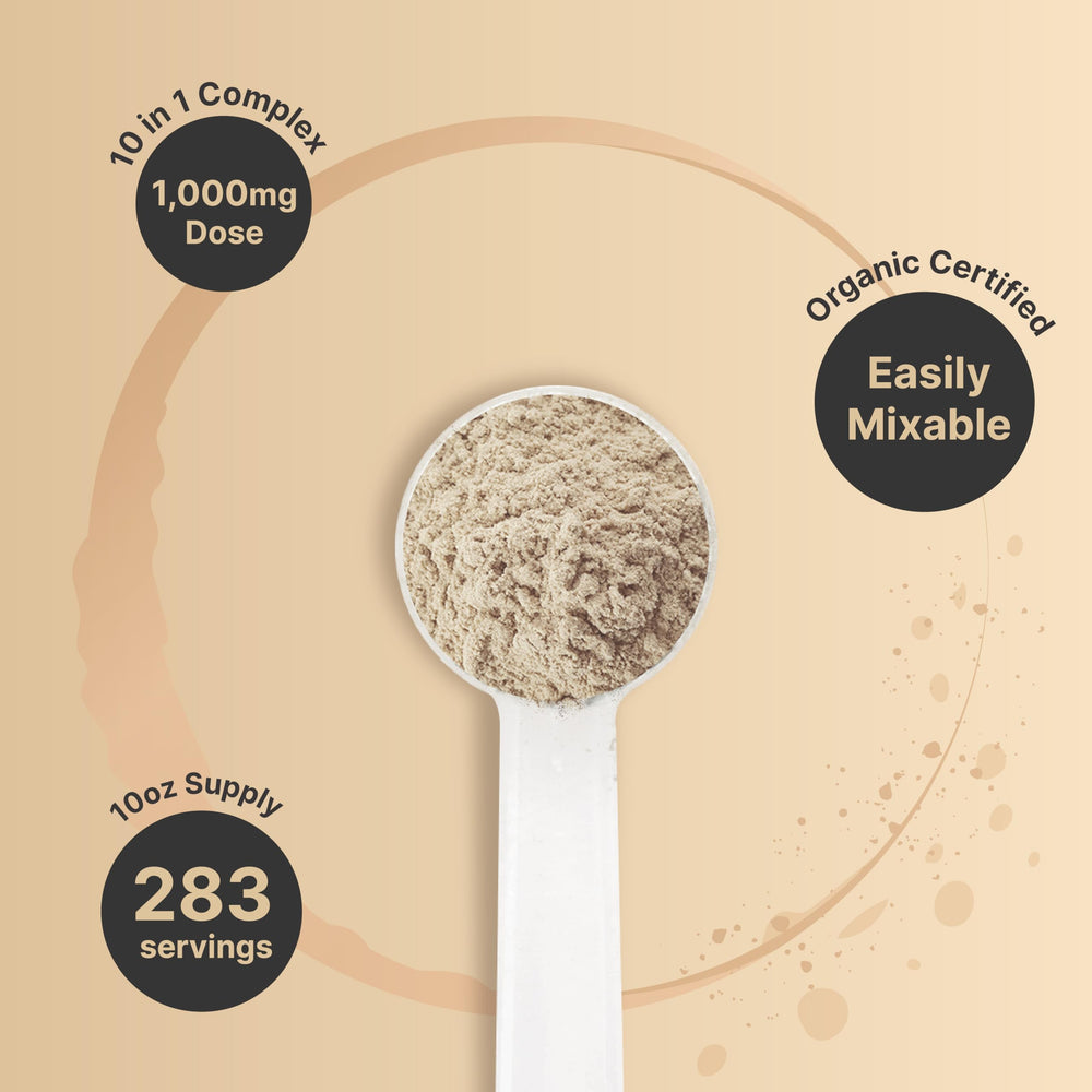 NatureBell Mushroom powder stirred into smoothie for a nutritious boost.